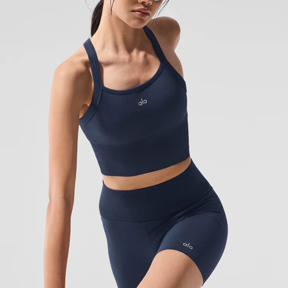 ALO Yoga Navy Blue Seamless Ribbed Racerback Sports Bra - M